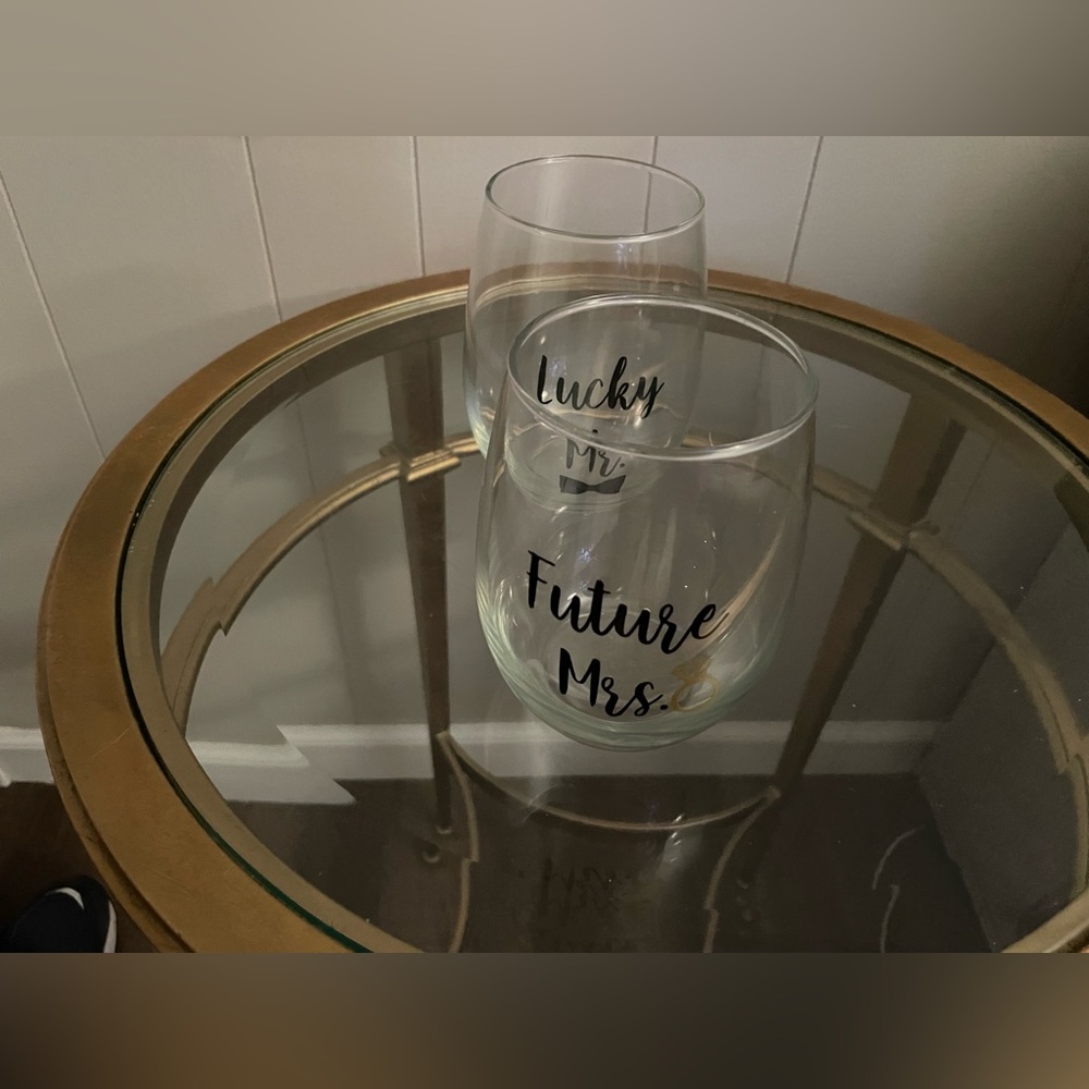 Future Mrs. and Lucky Mr. Wine Glass Set- NEVER USED